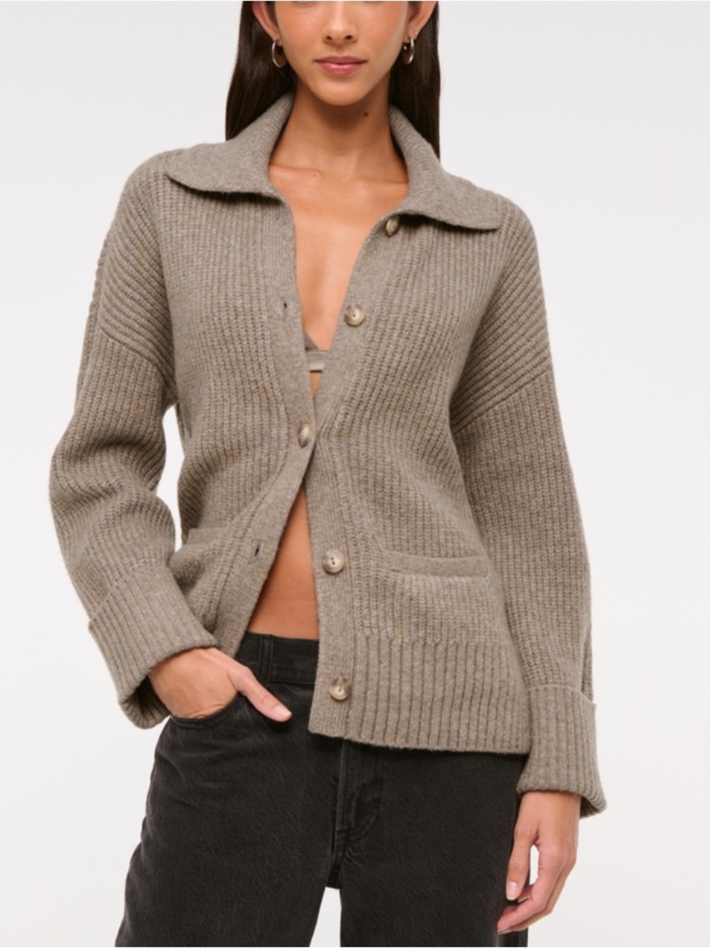 Wool Blend Taupe Button-Front Ribbed Knit Sweater Jacket - Unbranded